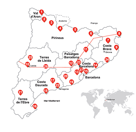 Mappa di Catalogna con le destinazioni e le marche a prezzi accessibili